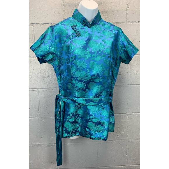 Vintage 60s Turquoise Brocade Silk Cheongsam Blouse Mandarin Collar - Picture 1 of 10